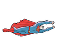 PNG of an anterior shot of Superman flying to the right. His cape is behind him and his arms are both extended to the right side. His legs are pressed together and pointed left.