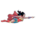 PNG of Wonder Woman's profile flying to the right. her cape and hair are billowing behind her. One of her hands is pointing to the right. The other is behind her. One of her legs is slightly bent