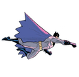 PNG of a profile shot of Batman flying to the right. His cape is behind him. Both of his arms are making fists. One of his arms is stretched towards the right. The other is bent towards his chest. His legs point left, one slightly bent.